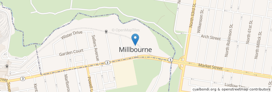 Mapa de ubicacion de Millbourne Fire Station en 美利坚合众国/美利堅合眾國, 宾夕法尼亚 / 賓夕法尼亞州, Delaware County, Upper Darby.