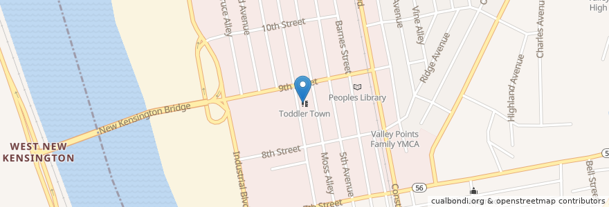 Mapa de ubicacion de Toddler Town en アメリカ合衆国, ペンシルベニア州, Westmoreland County, New Kensington.
