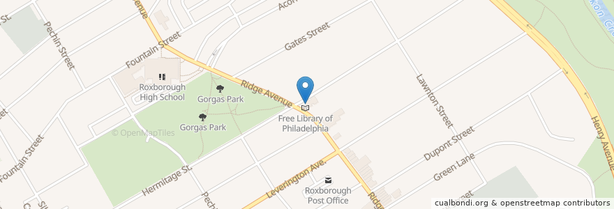 Mapa de ubicacion de Free Library of Philadelphia - Roxborough Branch en 미국, 펜실베이니아, Philadelphia County, 필라델피아.