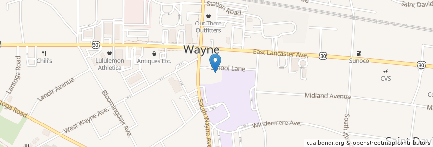 Mapa de ubicacion de Wayne Police Station en Соединённые Штаты Америки, Пенсильвания, Delaware County, Radnor Township.