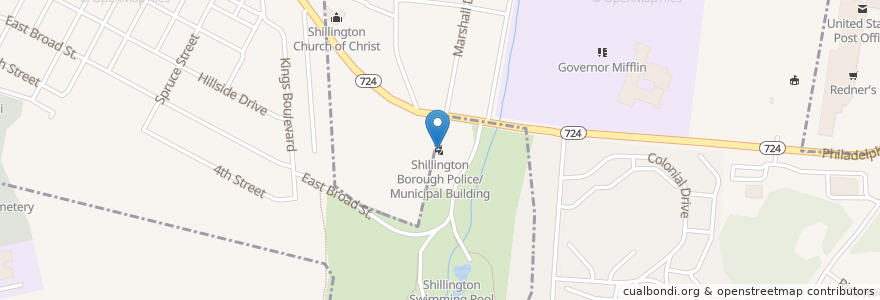 Mapa de ubicacion de Shillington Borough Police/Municipal Building en الولايات المتّحدة الأمريكيّة, بنسيلفانيا, Berks County, Cumru Township.