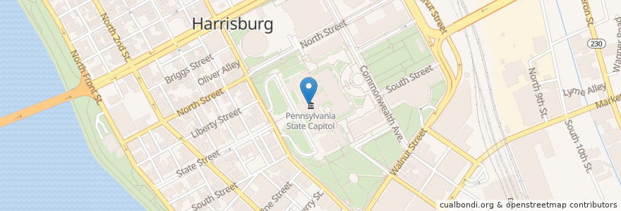 Mapa de ubicacion de Pennsylvania State Capitol en Vereinigte Staaten Von Amerika, Pennsylvania, Dauphin County, Harrisburg.