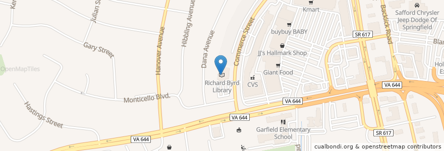Mapa de ubicacion de Richard Byrd Library en 美利坚合众国/美利堅合眾國, 弗吉尼亚州 / 維吉尼亞州 / 維珍尼亞州, Fairfax County, Springfield.