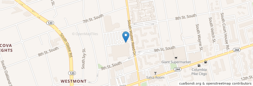 Mapa de ubicacion de Columbia Pike Library en アメリカ合衆国, バージニア州, Arlington County, Arlington.