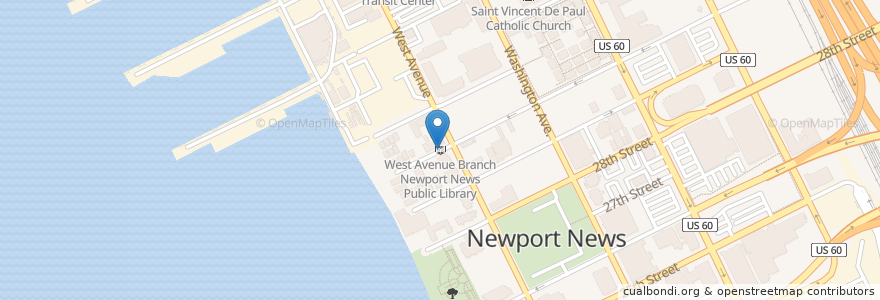 Mapa de ubicacion de West Avenue Branch Newport News Public Library en アメリカ合衆国, バージニア州, Newport News City, Newport News.