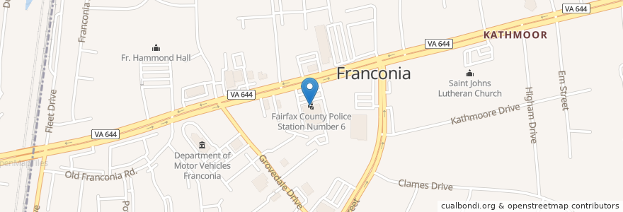 Mapa de ubicacion de Fairfax County Police Station Number 6 en الولايات المتّحدة الأمريكيّة, فيرجينيا, Fairfax County, Franconia.