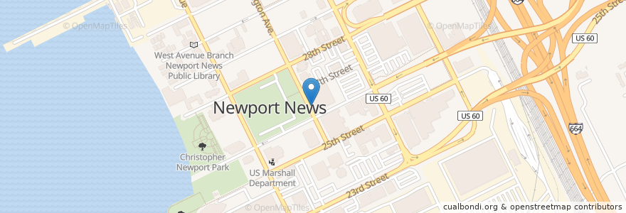 Mapa de ubicacion de Newport News Chief of Police en ایالات متحده آمریکا, ویرجینیا, Newport News City, Newport News.