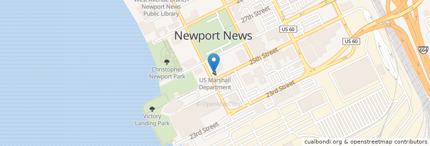 Mapa de ubicacion de US Marshall Department en ایالات متحده آمریکا, ویرجینیا, Newport News City, Newport News.