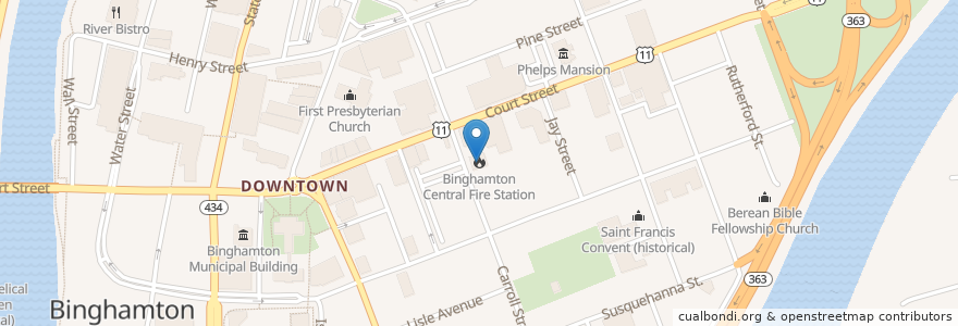 Mapa de ubicacion de Binghamton Central Fire Station en 미국, 뉴욕, Broome County, Binghamton.
