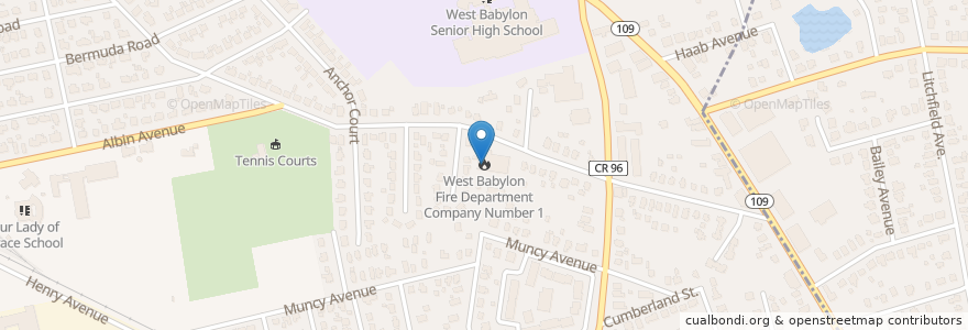 Mapa de ubicacion de West Babylon Fire Department Company Number 1 en アメリカ合衆国, ニューヨーク州, Suffolk County, West Babylon.