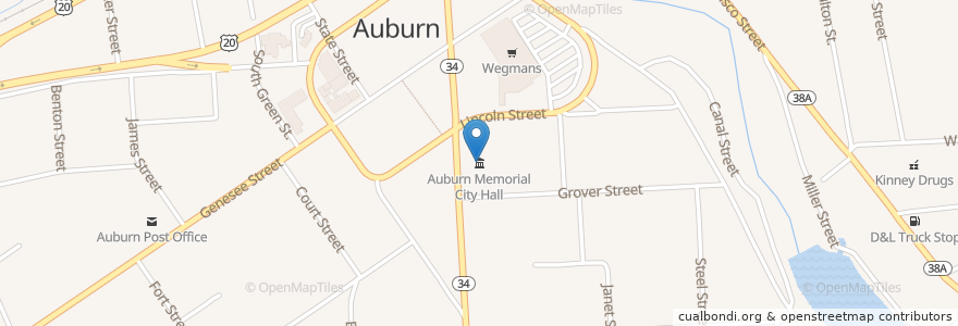 Mapa de ubicacion de Auburn Memorial City Hall en Estados Unidos Da América, Nova Iorque, Cayuga County, Auburn.