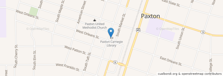 Mapa de ubicacion de Paxton Carnegie Library en Соединённые Штаты Америки, Иллинойс, Ford County, Paxton.