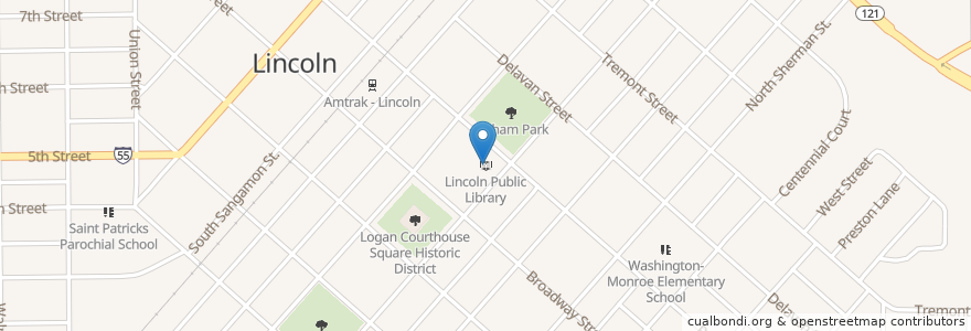 Mapa de ubicacion de Lincoln Public Library en Estados Unidos De América, Illinois, Logan County, Lincoln.