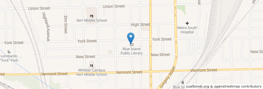 Mapa de ubicacion de Blue Island Public Library en الولايات المتّحدة الأمريكيّة, إلينوي, Blue Island.