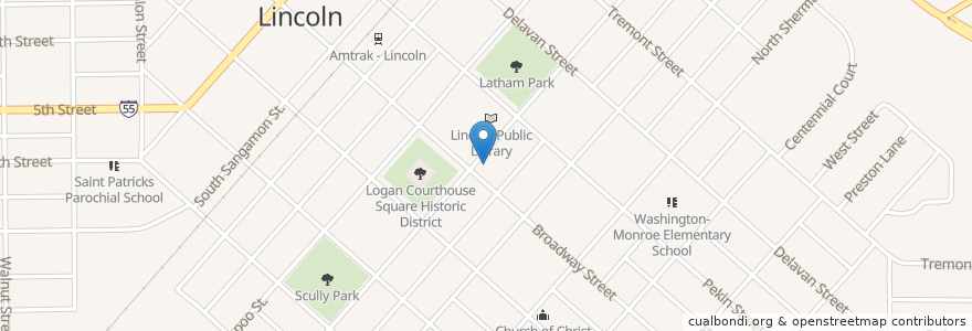 Mapa de ubicacion de Lincoln City Hall en Estados Unidos De América, Illinois, Logan County, Lincoln.