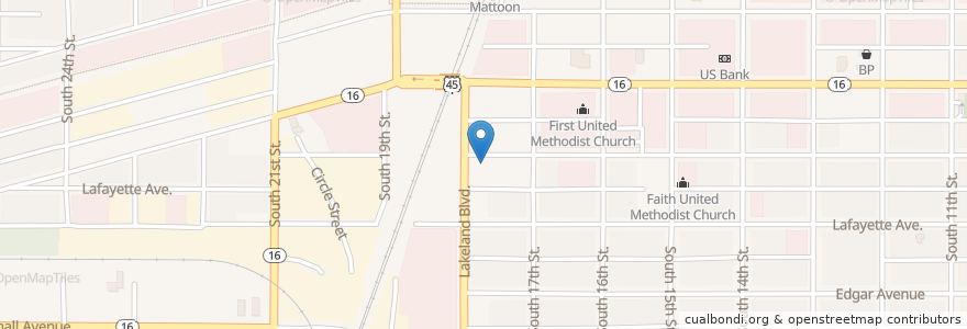 Mapa de ubicacion de Burgess-Osborne Auditorium en Estados Unidos Da América, Illinois, Coles County, Mattoon.