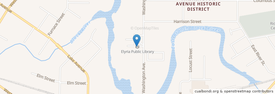 Mapa de ubicacion de Elyria Public Library en 미국, 오하이오 주, Lorain County, Elyria.