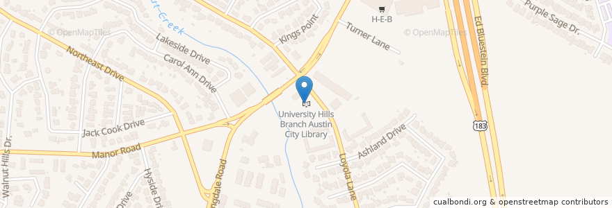 Mapa de ubicacion de University Hills Branch Austin City Library en ایالات متحده آمریکا, تگزاس, Travis County, Austin.