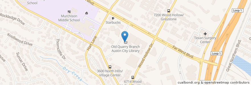 Mapa de ubicacion de Old Quarry Branch Austin City Library en アメリカ合衆国, テキサス州, Travis County, Austin.