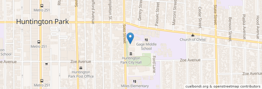 Mapa de ubicacion de Huntington Park Branch County of Los Angeles Public Library en Соединённые Штаты Америки, Калифорния, Los Angeles County, Huntington Park.