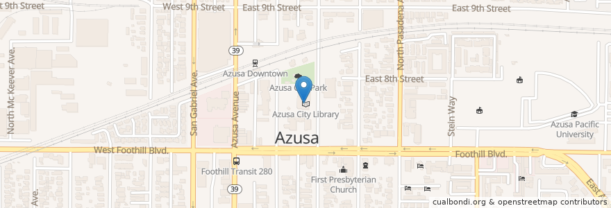 Mapa de ubicacion de Azusa City Library en Соединённые Штаты Америки, Калифорния, Los Angeles County, Azusa.