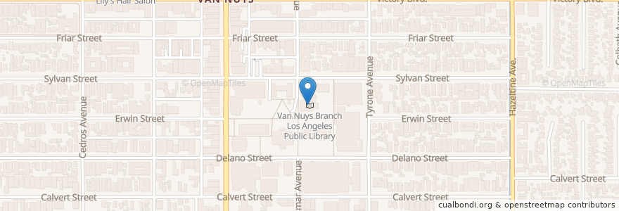 Mapa de ubicacion de Van Nuys Branch Los Angeles Public Library en アメリカ合衆国, カリフォルニア州, Los Angeles County, ロサンゼルス.