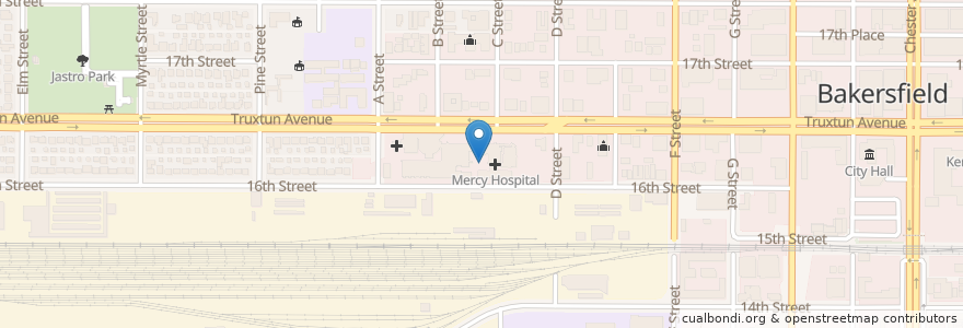 Mapa de ubicacion de Mercy Hospital Medical Library en 미국, 캘리포니아주, Kern County, Bakersfield.