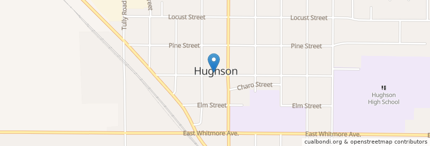 Mapa de ubicacion de Hughson Branch Stanislaus County Free Library en アメリカ合衆国, カリフォルニア州, Stanislaus County, Hughson.