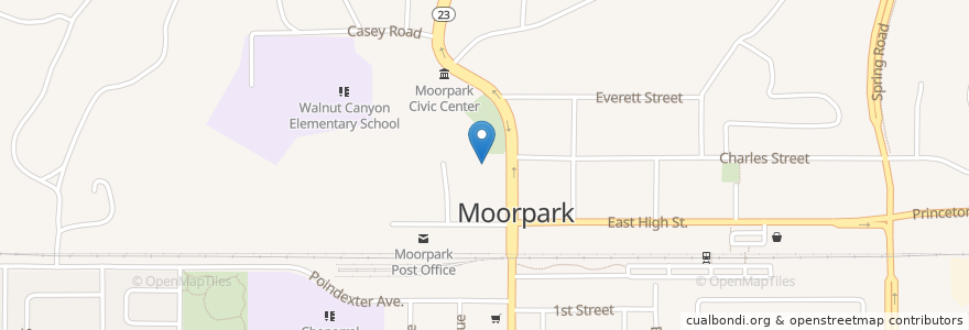 Mapa de ubicacion de Moorpark Branch Ventura County Library en アメリカ合衆国, カリフォルニア州, Ventura County, Moorpark.