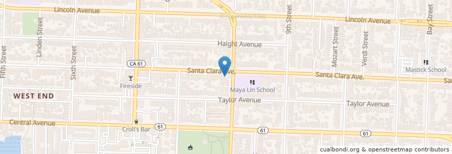Mapa de ubicacion de West End Branch Alameda Free Library en アメリカ合衆国, カリフォルニア州, アラメダ郡, Alameda.