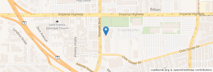 Mapa de ubicacion de Norwalk City Hall en 美利坚合众国/美利堅合眾國, 加利福尼亚州/加利福尼亞州, 洛杉矶县, Norwalk.