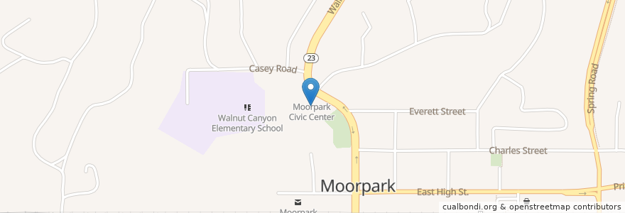 Mapa de ubicacion de Moorpark City Hall en アメリカ合衆国, カリフォルニア州, Ventura County, Moorpark.