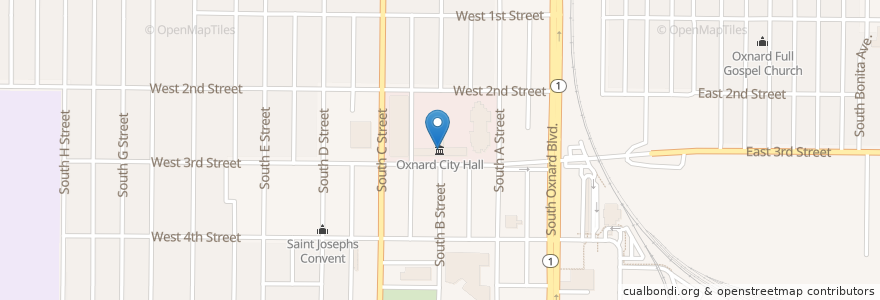 Mapa de ubicacion de Oxnard City Hall en アメリカ合衆国, カリフォルニア州, Ventura County, Oxnard.