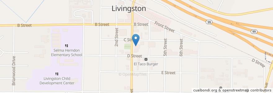 Mapa de ubicacion de Livingston City Hall en アメリカ合衆国, カリフォルニア州, Merced County, Livingston.