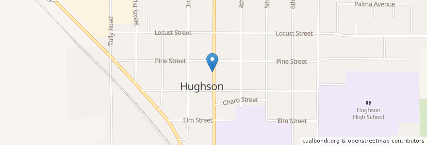 Mapa de ubicacion de Hughson City Hall en Amerika Birleşik Devletleri, Kaliforniya, Stanislaus County, Hughson.