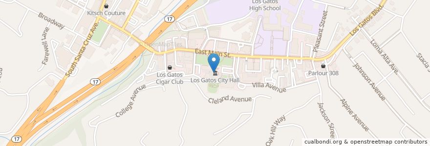 Mapa de ubicacion de Los Gatos City Hall en Amerika Syarikat, California, Santa Clara County, Los Gatos.