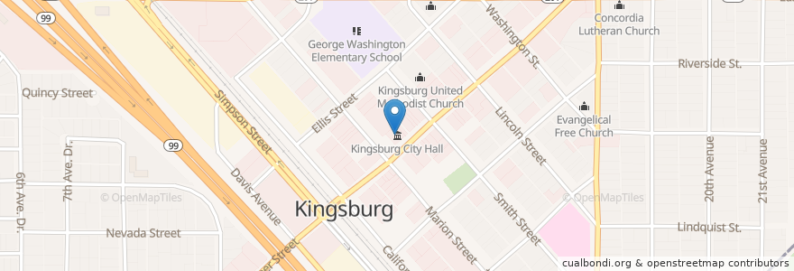 Mapa de ubicacion de Kingsburg City Hall en Соединённые Штаты Америки, Калифорния, Fresno County, Kingsburg.