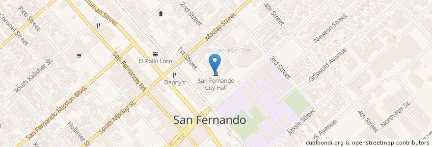 Mapa de ubicacion de San Fernando City Hall en アメリカ合衆国, カリフォルニア州, Los Angeles County, ロサンゼルス, San Fernando.