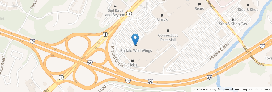 Mapa de ubicacion de Buffalo Wild Wings en 美利坚合众国/美利堅合眾國, 康涅狄格州 / 康乃狄克州, New Haven County, Milford.