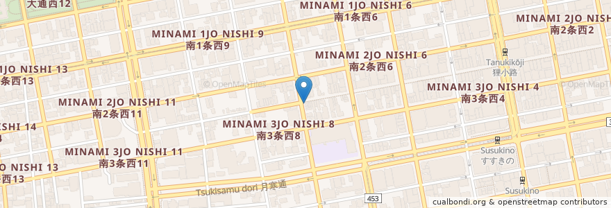 Mapa de ubicacion de う月食堂 en Япония, Хоккайдо, Округ Исикари, Саппоро, Тюо.