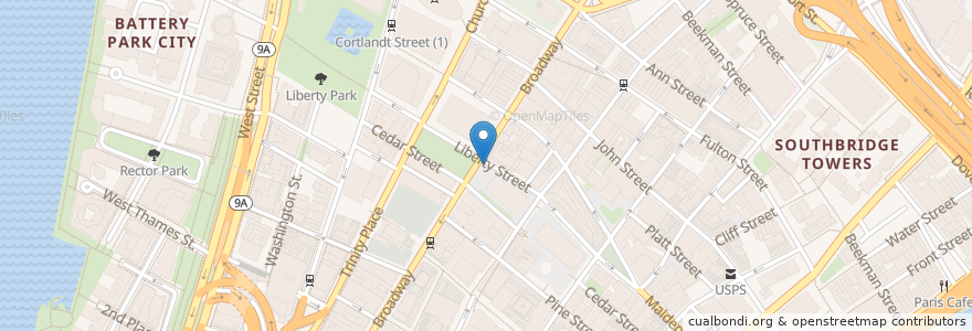 Mapa de ubicacion de Citi Bike - Liberty St & Broadway en Estados Unidos Da América, Nova Iorque, New York, New York County, Manhattan Community Board 1, Manhattan.