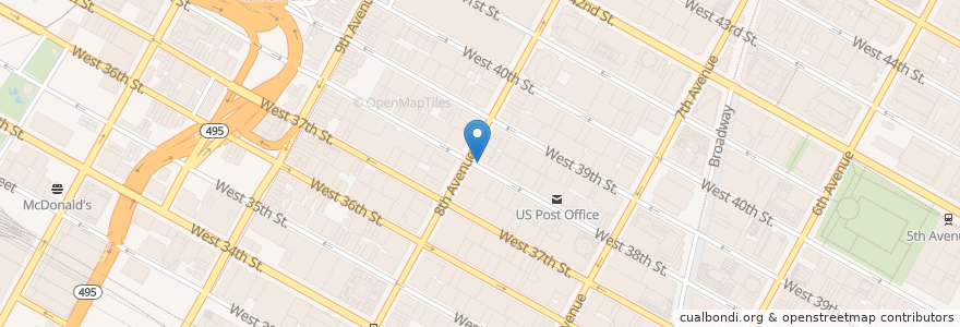 Mapa de ubicacion de Citi Bike - W 38 St & 8 Ave en アメリカ合衆国, ニューヨーク州, New York, New York County, Manhattan, Manhattan Community Board 5, Manhattan Community Board 4.