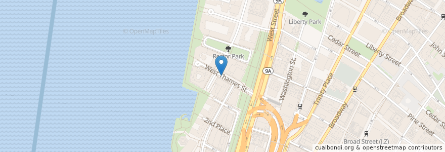 Mapa de ubicacion de Citi Bike - West Thames St en الولايات المتّحدة الأمريكيّة, نيويورك, New York, New York County, Manhattan Community Board 1, Manhattan.