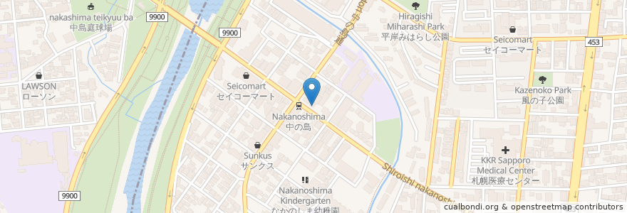 Mapa de ubicacion de 札幌中の島郵便局 en Japan, Präfektur Hokkaido, 石狩振興局, 札幌市, 中央区, 豊平区.