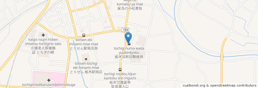 Mapa de ubicacion de 栃木沼和田郵便局 en 일본, 도치기현, 栃木市.