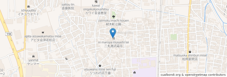 Mapa de ubicacion de 二丸屋武蔵亭 en Japón, Prefectura De Fukushima, 会津若松市.
