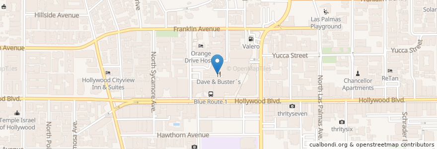 Mapa de ubicacion de Dave & Buster's en 미국, 캘리포니아주, Los Angeles County, 로스앤젤레스.