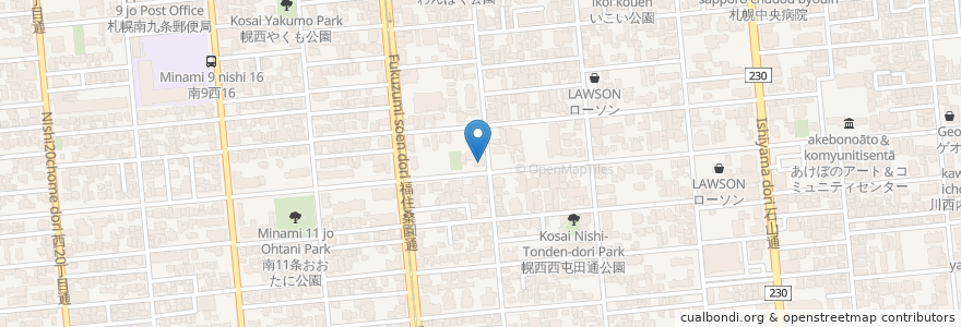 Mapa de ubicacion de 札幌南十一条郵便局 en اليابان, محافظة هوكايدو, 石狩振興局, 札幌市, 中央区.