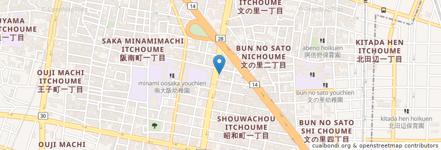 Mapa de ubicacion de かるがも薬局 en 일본, 오사카부, 오사카, 阿倍野区.