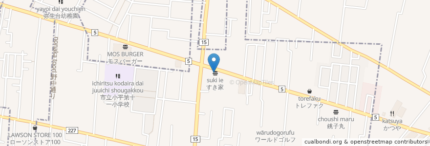 Mapa de ubicacion de すき家 en 日本, 東京都, 小平市, 東久留米市.